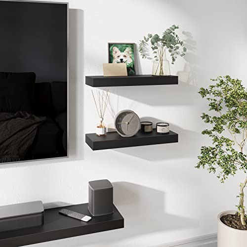 BAMEOS Floating Shelves, Black Wall Mounted Wooden Shelves with Invisible Brackets Set of 2, Hanging Wall Shelves Decoration for Bedroom, Bathroom, Living Room and Kitchen - color: Black, size: 16x6 2Pcs