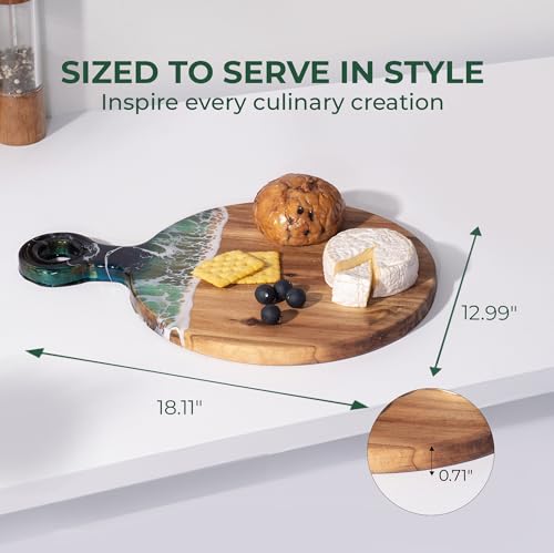 Acacia Wood Serving Board with Ocean Resin Art, 18.1" x 13" Charcuterie Cheese Tray for Display & Prep, Cutting Board on Back, Includes Stand & Loofah, Christmas Housewarming Gift (Round) - color: Round Cutting Board, size: 18.1" x 13" x 0.7"