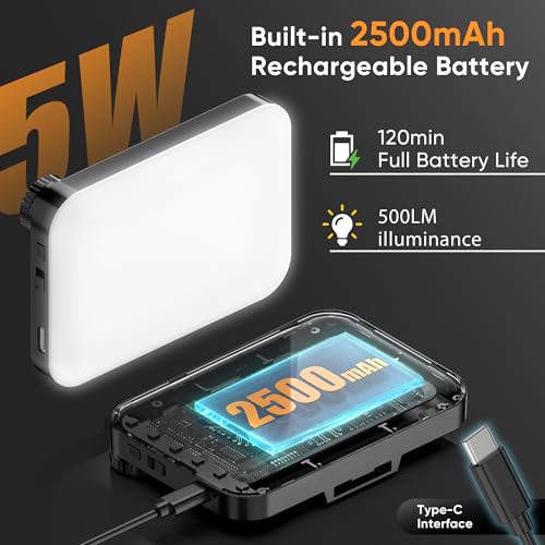 LED Clip-On Selfie Light Portable 500LM Dimmable, 3 Light Modes CRI 95+ for True Colors 2500mAh Rechargeable Battery,Fits Phones/Cameras/Laptops for TikTok/Vlogging/Zoom Calls