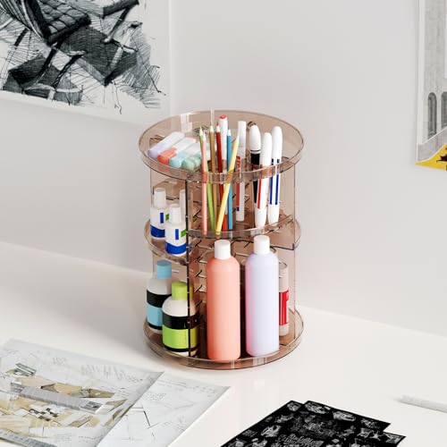 Rotating Makeup Organizer Countertop, DIY Adjustable Trays Spinning Skincare Organizers, Cosmetic Display Shelf with Perfume & Brush Holder, Multi-Function Desk Storage Carousel for Vanity Bathroom - color: Clear Coffee