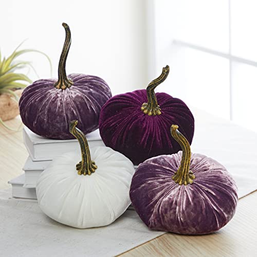Your Heart's Content Set 4, Small Velvet Pumpkins, Lilac Purple Nursery Decor Girl, Jewel Tone Wedding Centerpiece for Tables, Cozy Decor, Plum Purple Pumpkin (2 Luxe Lilac, Plum, Ivory) - color: 2 Luxe Lilac, Plum, Ivory