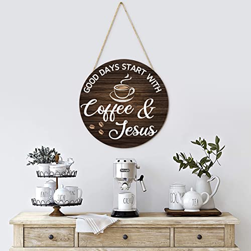 HMASYO Wood Coffee Signs, Good Days Start with Coffee & Jesus, Wood Farmhouse Wall Sign Bar Decor for Kitchen, Home, Office, Cafe Station Housewarming Gift, 12'' x 12'' - color: Good Days Start with Coffee & Jesus-Rustic