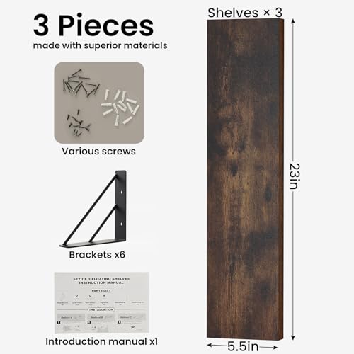 BAYKA 23-in Floating Wall Shelves, Rustic Wood Wall Shelves for Bedroom, Bathroom, Kitchen & Living Room, Display Shelf for Books, Plants & Decor (Rustic Brown) - color: C. Rustic Brown Board & Black Brackets, size: 23-inch Standard