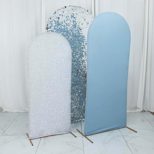 Efavormart Set of 3 Dusty Blue Silver Chiara Arch Backdrop Covers (7ft/6ft/5ft), Round Top Snug Fit, Double-Sided Big Sequin, Tinsel & Spandex Mixed Texture for Birthday, Party, Events - color: Dusty Blue