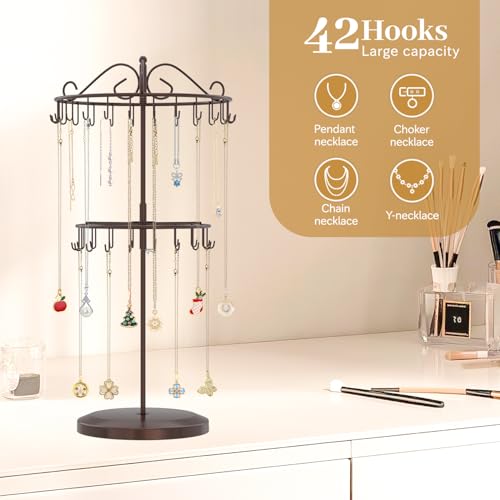 MODOWEY Rotating Necklace Holder Organizer Display Stand with 42 Hooks, 2 Tier Adjustable Metal Tree for Long Necklace Hanger Selling, Tall Spinning Bracelet Storage Rack for Men Women, Espresso Brown - color: Espresso Brown, size: 2 Tier