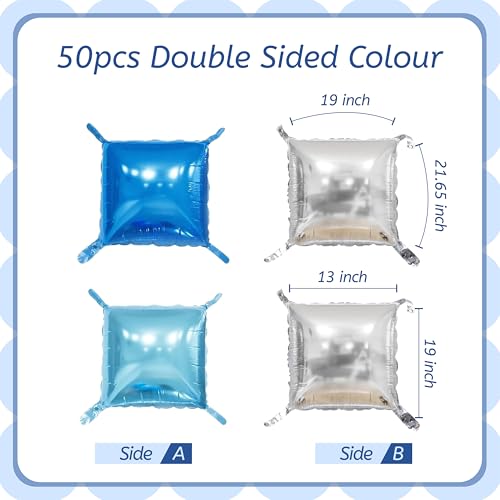 50PCS Blue and Silver Balloon Wall, 19'' Reusable DIY Mylar Double Side Square Balloons Garland Tunnel Arch Kit for Baby Shower Anniversary Bachelorette Birthday Engagement Bridal Decor - color: Blue & Silver