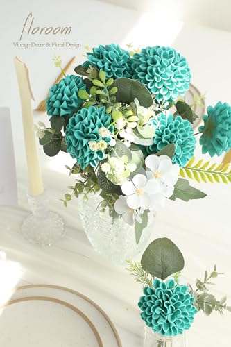 Floroom Artificial Dahlia Flowers 25pcs Real Looking Teal Green Foam Fake Roses with Stems for DIY Wedding Bouquets Bridal Shower Centerpieces Floral Arrangements Party Tables Home Decoration - color: Teal Green