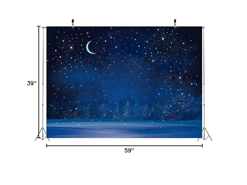 BELECO 5x3ft Fabric Winter Wonderland Night Snowfall Backdrop Blue Starry Sky Moon Stars Snowflakes Fir Trees Pine Forest Snow Scene Background Christmas New Year Party Decoration Photo Studio Props - size: 5x3FT