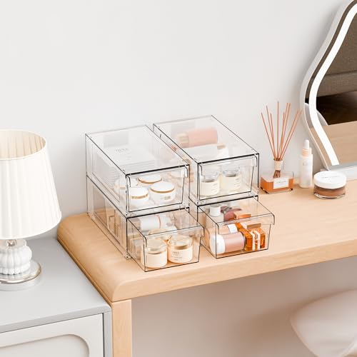 Yieach 4 Pack Clear Stackable Storage Drawers,4.5" Tall Acrylic Makeup Organizer Drawers and Medicine Cabinet Organizers,Pull Out Plastic Bathroom Closet Organizer for Hair Clip,Baby Bottle,Pacifier - color: Clear-6''x11''x4.4''High, size: 4 PACK