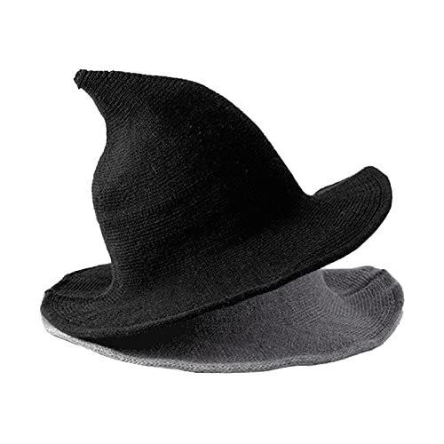 Halloween Witch Hat for Women Wide Brim Foldable Wizard Hat Wool Knit Pointed Cap Cosplay Costume Accessory - color: Black