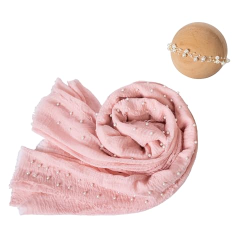 Baby Photo Shoot Props for Newborn Infant|Newborn Photography Wrap Pearl Raw Edge Swaddling Blanket & Headband Set (Baby Pink) - color: Baby Pink