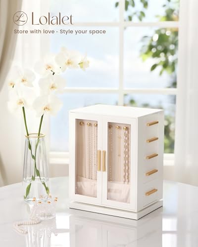 Lolalet Rotating 360° Jewelry Box, Clear Window Jewellery Storage for Earrings Bracelets Necklaces Rings, Large Vertical Organizer for Women, Valentine's Day Gift -White - color: White