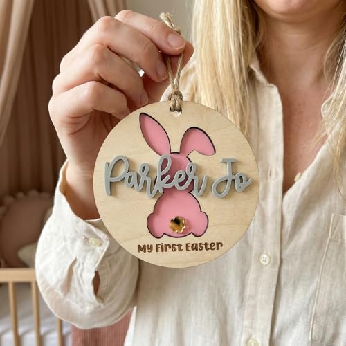 Personalized First Easter Sign with Name Custom Easter Milestone Disc Wooden Bunny 1st Keepsake Photo Prop Nursery Decor Gift - color: Color3
