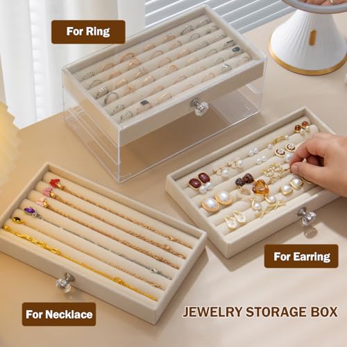 SPAKOWN Ring Box Display Holder, Clear Velvet Jewelry Storage Tray Organizer for Ring Stud Earring (Beige - 5 Drawers) - color: Beige, size: 5 Drawers