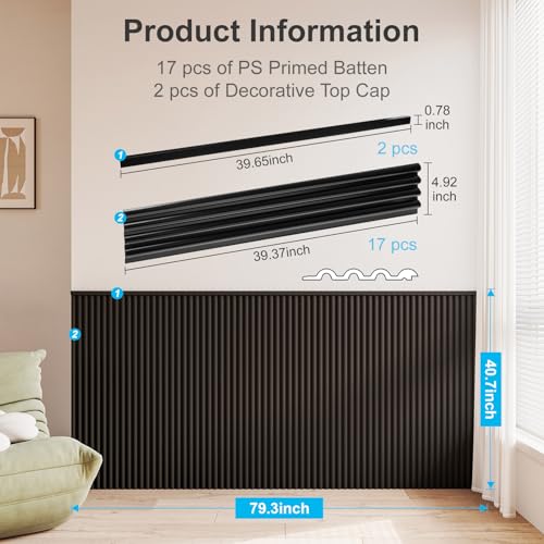 Art3d Wainscoting Panels, Beaded Polystyrene Wall Board for Interior Wall Décor, 79.3“ Wide X 40.7 high, Covers 22.38 sq.ft, Black - color: Black, size: 79.3"x40.7"