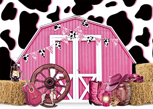 8x6ft Pink Barn Door Western Cowgirl Backdrop Cow Print Straw Barn Door Wood Background Western Country Farm Cow Girl Women Birthday Party Photo Booth Prop - size: 240x180cm(WxL)