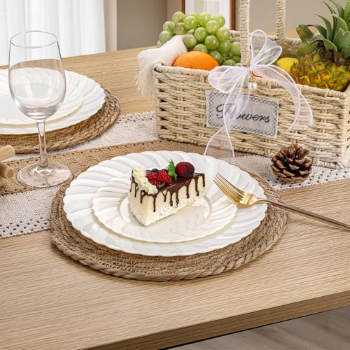 U-QE 60 Pcs Ivory Plastic Plates for Party – Scalloped Plastic Plates Heavy Duty & Elegant – Include 30 10.25" Dinner & 30 7.25" Dessert Plates - Perfect for Party & Wedding - color: Ivory