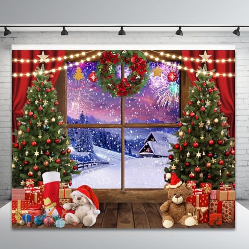 Christmas Backdrop - 10x8ft Winter Snowy Window Merry Christmas Photo Backdrop with Xmas Tree, Gifts, Eve Background, Festival Party Decorations Banner Props - color: NSW13498