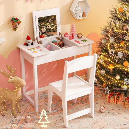 Costzon Kids Vanity, 2 in 1 Girls Vanity Set with Flip Top Mirror, Hidden Storage Space, Wooden Toddler Makeup Vanity Desk Dressing Table, Kids Vanity Table and Chair Set (White) - style: White with Flip Top Mirror