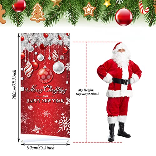 Christmas Door Cover Decoration Merry Christmas Tree Ornament Ball Photography Backdrop Outdoor Sign for Home Wall Indoor Outdoor Party - color: Red Silver