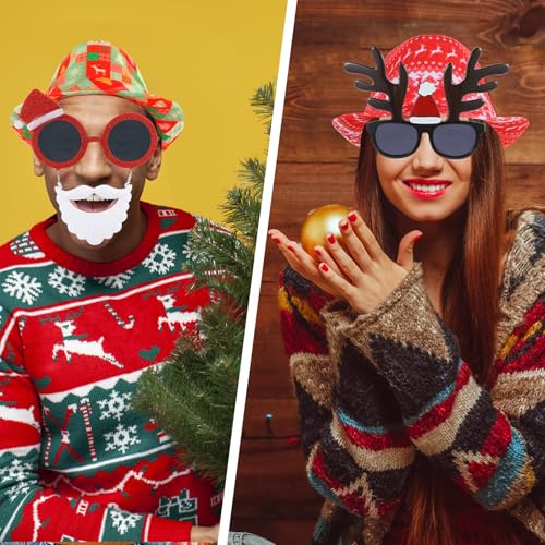 NICOWARM 12pcs Christmas Photo Booth Prop, 6pcs Fedora Hats, 6pcs Party Sunglasses for Adult, Teen, Ugly Sweater Hat, Funny Glasses, Merry Xmas Carnival Party Costume Prop