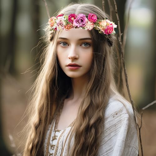Flower Crown Rose Flower Headband Floral Crown Headpiece Halo Wedding Bridal Party Halloween Photos - color: rosy red