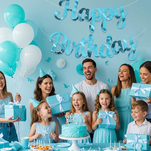BEISHIDA Happy Birthday Banner - NO DIY,Double-Sided Lake Blue 10Feet Pre-Strung-Glitter Birthday Sign Garland Backdrop Decorations for Women men Party - color: Double-Sided lake blue