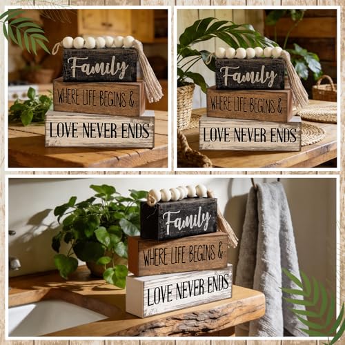 Yuntau 4 Pcs Farmhouse Family Tabletop Decor Tiered Tray Decor Rustic Wood Decorative Stacked Sign Block Gift Retro Bead Garland Family Where Life Begins Love Never Ends Table for Home Shelf Office - style: Famliy