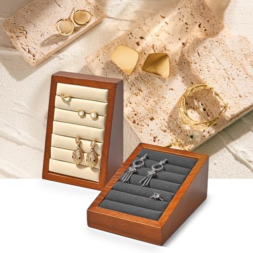 Oirlv Solid Wood Ring Tray Display Stand Slotted Jewelry Ring Showcase Display Jewelry Organizer Jewelry Holder for Trade Showcase(grey) - color: Wood grey