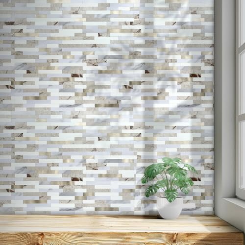 AULIGET 2 Sheets Faux Stone Peel and Stick Backsplash, Beige & White Marble Look PVC Wall Tile Stick on Backsplash for Kitchen and Bathroom - color: Beige & White Marble + Metal Gold, size: 2 Sheets, 6"x12"x0.12"