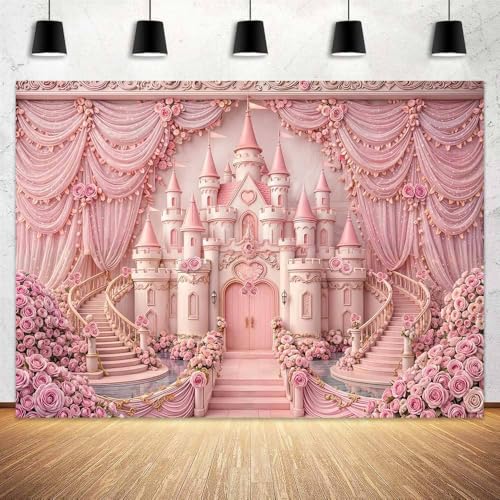 5 x 3 ft Pink Princess Castle Backdrop Pink Palace Curtain Floral Arch Drapes Background Girl Baby Kids Birthday Wedding Baby Shower Party Banner Living Room Decor - color: Multi3, size: 5X3FT