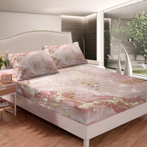 Manfei Marble Fitted Sheet Full Size, Abstract Stones Texture Bedding Set 3pcs for Kids Boys Girls Bedroom Decor, Pink Marbling Bed Cover with 2 Pillowcases, Gold Glitter Bedding Decorative - color: Multi 17, size: Full (54*75*16")
