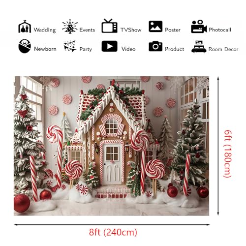 AIBIIN 8x6ft Winter Gingerbread House Backdrop Christmas Wonderland Decoration Festive Holiday Photo Background with Candy Cane, Snow Trees, and Lollipops Christmas Party Photography Backdrop - color: Gingerbread House, size: 8x6ft