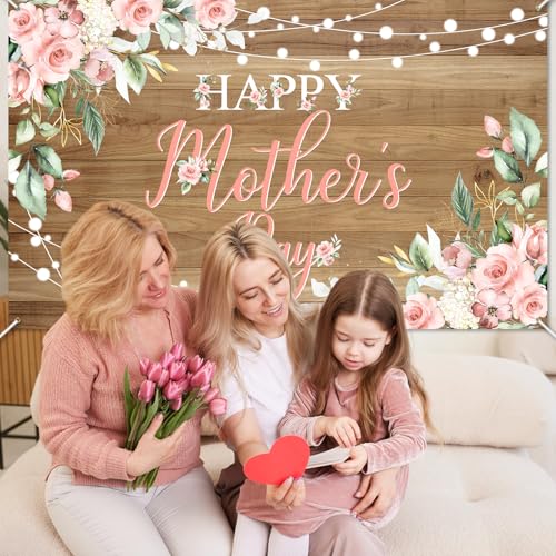 Avezano Happy Mother's Day Banner Floral Wood Mothers Day Backdrop Happy Mothers Day Party Decorations Thanks Mother's Day Photo Booth Props 6x3.6ft
