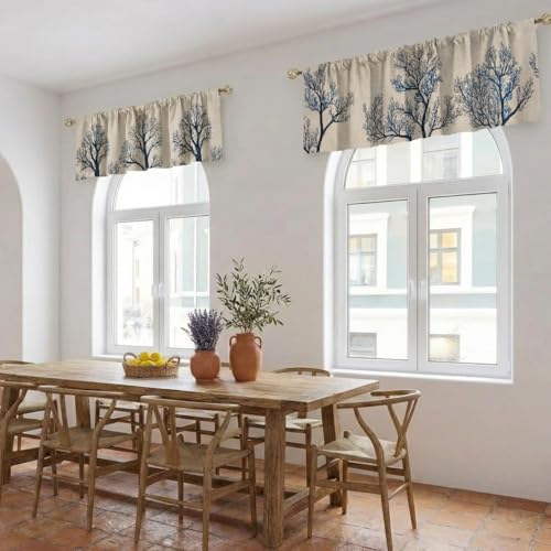 Minimalist Tree Curtain, Two-Pack, Indigo Branch Linen Botanical Pattern,Applicable to Bathroom, Bedroom, 54x18 inches. - color: Minimalist Tree