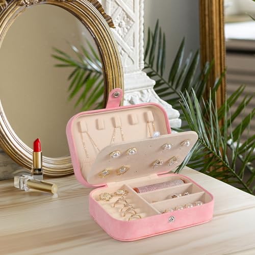 Hatori Travel Jewelry Box, PU Leather Small Jewelry Organizer for Women Girls, Portable Mini Travel Case Display Storage Holder Boxes for Stud Earrings, Rings, Necklaces, Bracelets (Pink Beige) - color: Pink Beige