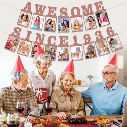 Pre-strung Awesome Since 1936 Photo Banner Birthday Decorations for Women- Pink Rose Gold Glitter 90th Birthday and Anniversary Decorations Party Supplies - style: Pink Rose Gold 90th