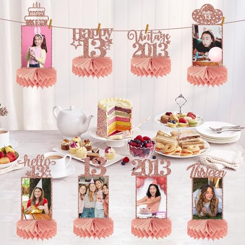 Guiruiy 8Pcs 13th Birthday Decorations Honeycomb Centerpieces for Girls, Pink Rose Gold Glitter Vintage 2013 13 Birthday Photo Table Centerpieces Party Supplies, Pink Thirteen Birthday Teenager Decor - style: Rose Gold 13th
