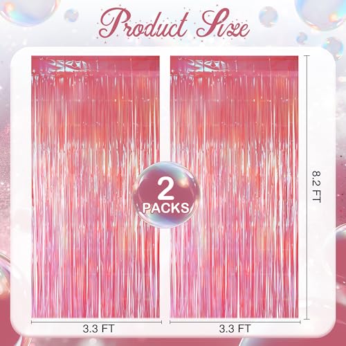 2 Pack Pink & Green Party Streamers Backdrop Curtains, 3.3x8.2ft Holographic Tinsel Foil Curtain Photo Booth Props for Birthday, Wedding, Holiday Celebration, Bachelorette, Theme Decorations - color: Pink & Green, size: 2 Pack