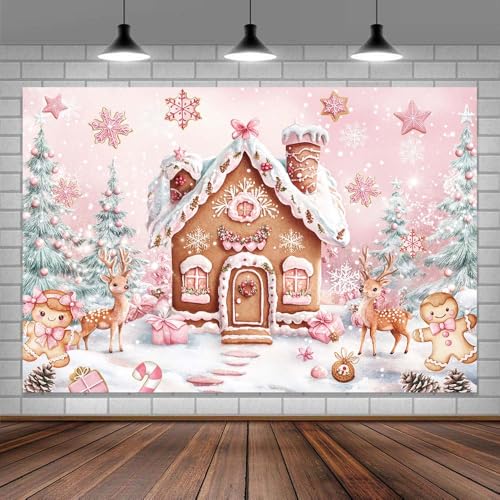 7X5ft Christmas Gingerbread Candyland Backdrop for Photography Winter Pink Christmas Scene Merry Xmas Background Holiday Baby Shower Birthday Cake Table Decoration Supplies Photo Studio Booth Props - color: Pink, size: 7X5FT