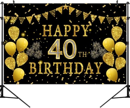 5x3ft Happy 40th Birthday Party Photography Backdrop, Glitter Black and Gold Balloons Background for Woman Man Fabulous 40 Bday Shining Diamond Forty Years Old Birthday Party Supplies - color: 40th, size: 5x3ft