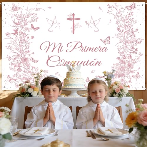 MEHOFOND 8x6ft Mi Primera Comunión Backdrop Vintage Floral Baptism Decorations Dusty Pink First Holy Communion Photography Background God Bless Christening Party Backdrop Banner Photo Booth Props - color: Pink, size: 8x6ft