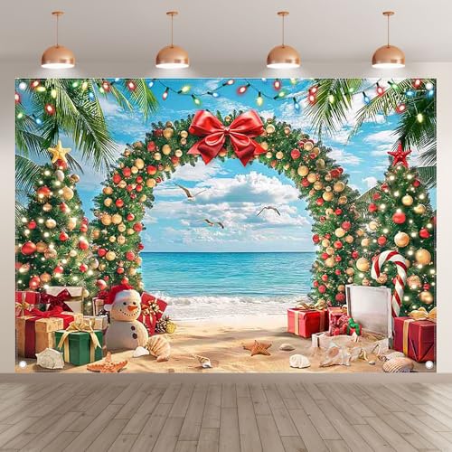 7x5ft Fabric Christmas Beach Backdrop Summer Xmas Tree Snowman Arch Seagull Tropical Hawaiian Photography Background Family Holiday Party Decor Photo Props - size: 7'x5'