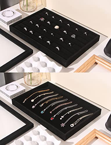 Coward Set of 5 Stackable Jewelry Organizer Tray Necklace Earring Box Storage Ring Bracelet Display Holder (Black(ring+necklace+earring+12grid)) - color: Black Velvet, size: Ring+Necklace+12Grids+24Grids+Lid