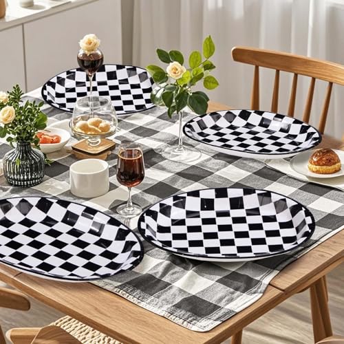 50Pcs Black and White Checkered Oval Paper Plates Race Car Party Plates 10" X 12" Disposable 400GSM Gingham Dessert Dinnerware for Racing Car Party Supplies Birthday Baby Shower BBQ Decorations - style: Black White Gingham Oval Kit