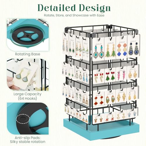 EsLuker.ly Rotating Earring Display Holder Stand for Vendors Events Selling, Large Capacity 64 Hooks Jewelry Rack with Wooden Base for Earring Card Sales, Enhances Retail Visibility (Blue) - color: Blue+Black