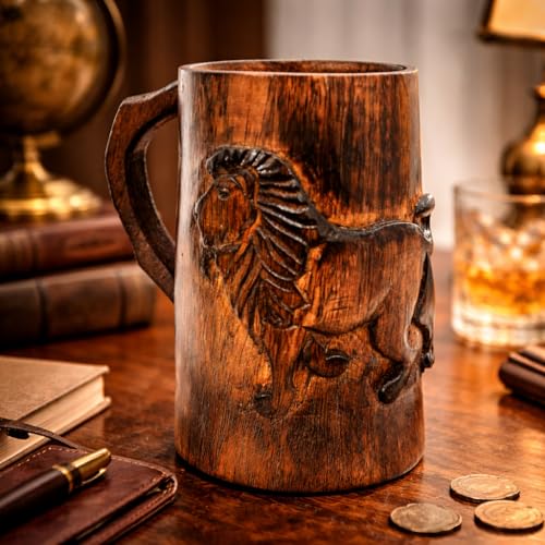 collectiblesBuy Hand-carved Antique Brown Lion Design Wooden Coffee Mug Rustic Tankard with Handle for Tea Wine Beer Ideal for Men Camping Travel Outdoor Use