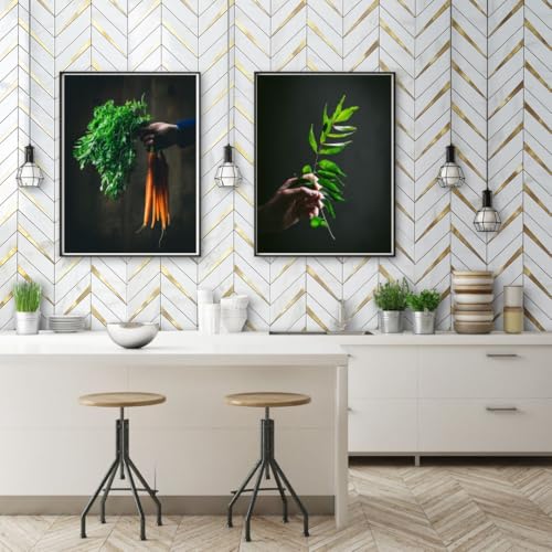 DICOFUN 10-Sheet Herringbone Tile Peel and Stick Backsplash, Polished White Marble PVC Mixed Metal Gold Stick on Backsplash for Kitchen and Bathroom Wall - color: Polished White Marble and Metal Gold, size: 10 Sheets, 12"x12"x0.12"