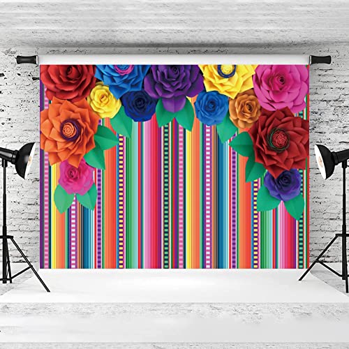 Mexican Colorful Paper Flower Fiesta Photography Backdrop Cinco De Mayo Carnival Festival Backdrops Colorful Stripe Party Supplies Banner for Artistic Portrait Photo Shoot Studio Props - size: 9x6