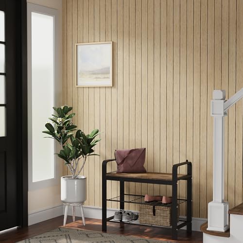 VEELIKE Light Oak Wood Wall Panels Peel and Stick Foam Slat Wallpaper for Bedroom Living Room 17''x118'' Self Adhesive Vinyl Wood Slat Wall Panel for Interior Accent Walls Decor TV Background Ceiling - color: Light Brown, size: 17" x 118"